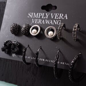 VERA WANG 6pc SET Goth Black/Gunmetal Black Crystal Pearl Stud & Hoop Earrings